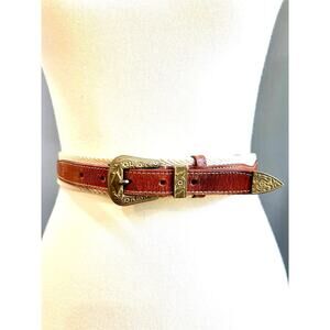VTG Western Boho Braided Cotton & Leather Belt Tooled Ornate Brass Buckle, XXL
